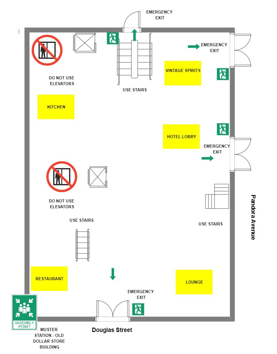 Store building exit plan shows the multiple emergency exits leading to Douglas Street and Pandora Avenue. As illustrated below, it is mentioned that one should NOT USE ELEVATORS at the time of emergency and instead use stairs that are pretty safe compared