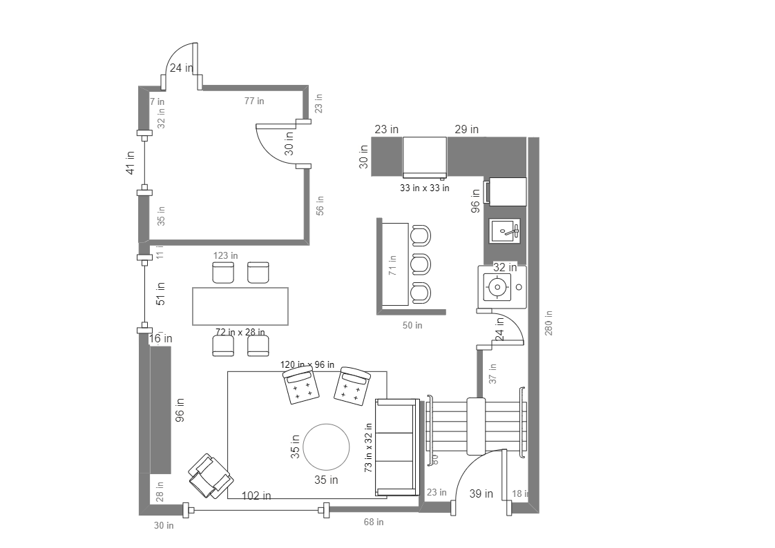The living space floor plan illustrates different living room areas as seen above. As the 2D floor plan diagram illustrates, a living room should have a proper space for an entertainment area that will have a sofa-set, television unit, couches, and more. 