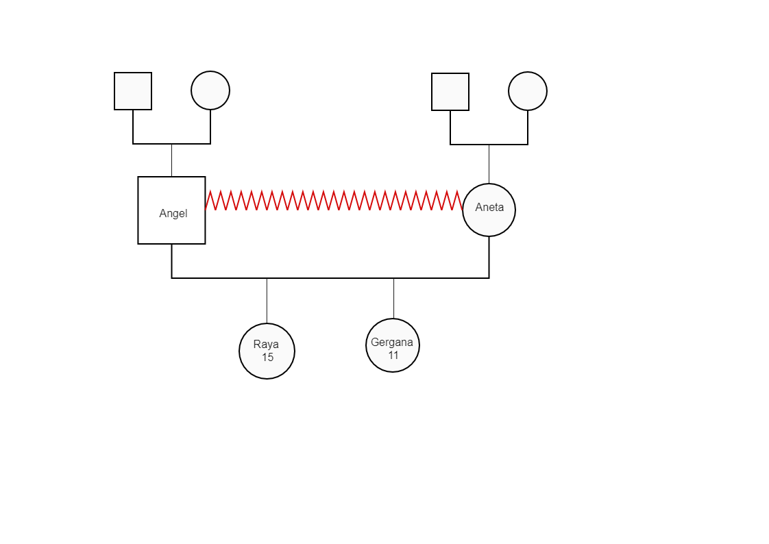 Raya Family Genogram shows Raya's entire family (three generations in total), including paternal and maternal grandparents, parents (Angel and Aneta), Gergana, and Gracia herself. In the Genogram, we see how Raya's parents are in a same-sex/conflicting re