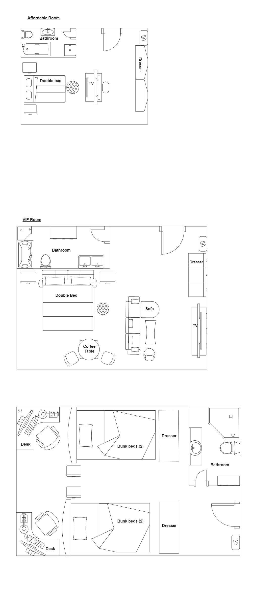 Affordable Room diagram below shows how you can create a one-bedroom plan with different room elements, like a dressing table, double bed, bathroom, and television. The room floor plan below is important for the architecture to understand how they can cre
