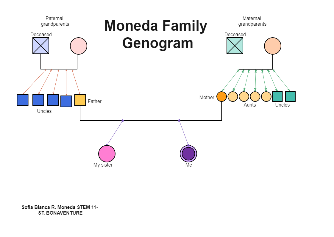 The genogram should go back at least two generations and include all first-order relatives to provide a clear picture of the family as possible. Several items should be specifically noted on the genogram. Moneda Family Genogram shows multiple generations 