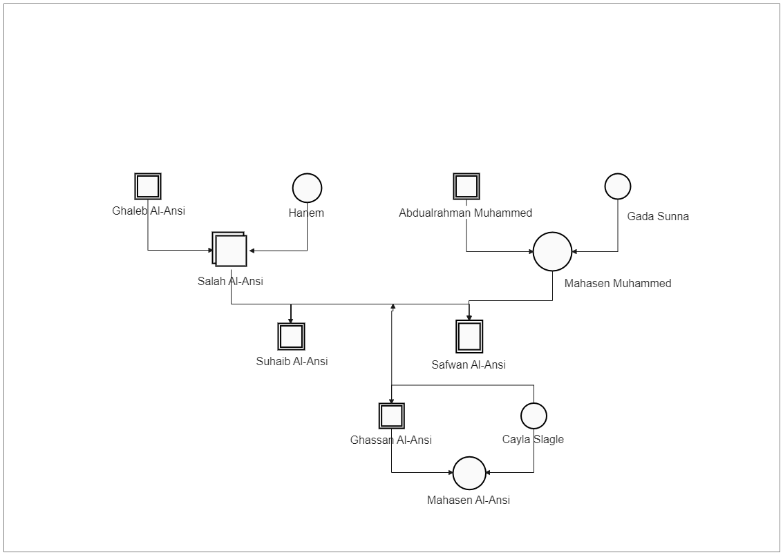 Mahesn Al-Ansi's Genogram diagram shows the Genogram of their family, going up to three generations. As we see from Mahaesn Al-Ansi's Genogram diagram, the genograms are formats to draw a family tree and contain information about them. As illustrated here