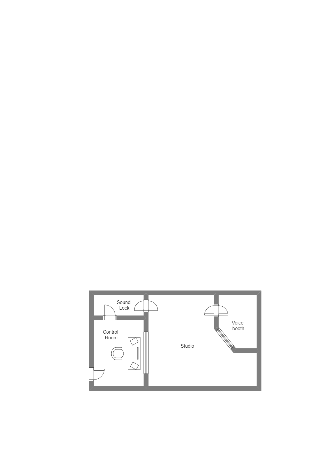 In the Gallery Studio Floor Plan diagram, we see that Studio, Voice Booth, Control Room, and Sound Lock area are properly marked. It should be noted here that a recording studio is a specialized facility for sound recording, mixing, and audio production o