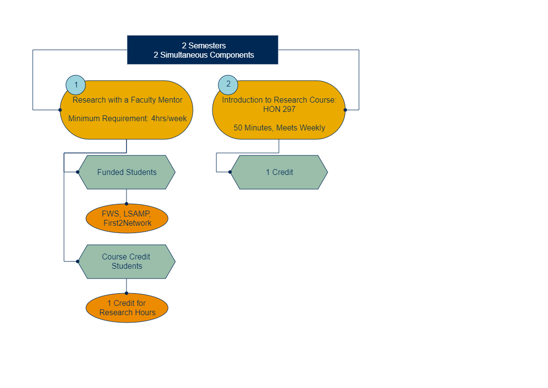 The RAP Flowchart shows two semesters for two simultaneous components. The first component in the flowchart below illustrates Research with a Faculty Mentor, where the minimum working requirement is 4hrs/week. The second component in the RAP flowchart is 
