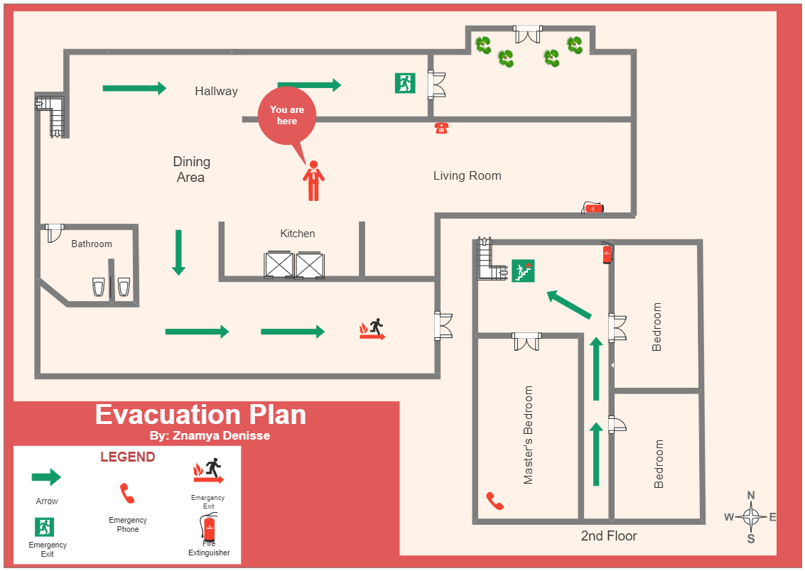An evacuation plan lays out how to exit a building safely during an emergency. As per the double floor diagram below, evacuation plans let employees, family members, or guests know exactly where to go after leaving the building. Rather than separating to 