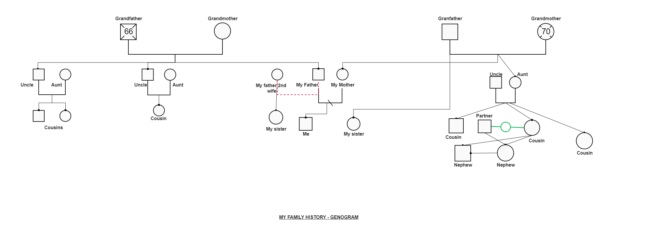 My entire family genogram structure is shown here.  A genogram is created with simple symbols representing the gender, with various lines to illustrate family relationships. Some genogram users also put circles around members who live in the same living s