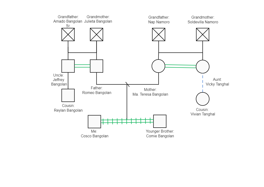 The graphic representation of Bangolan's family tree, called a genogram, has presented here. A genogram is a visual mapping tool that illustrates a person's family tree, relationships, and history. It is more than the traditional family tree giving insigh