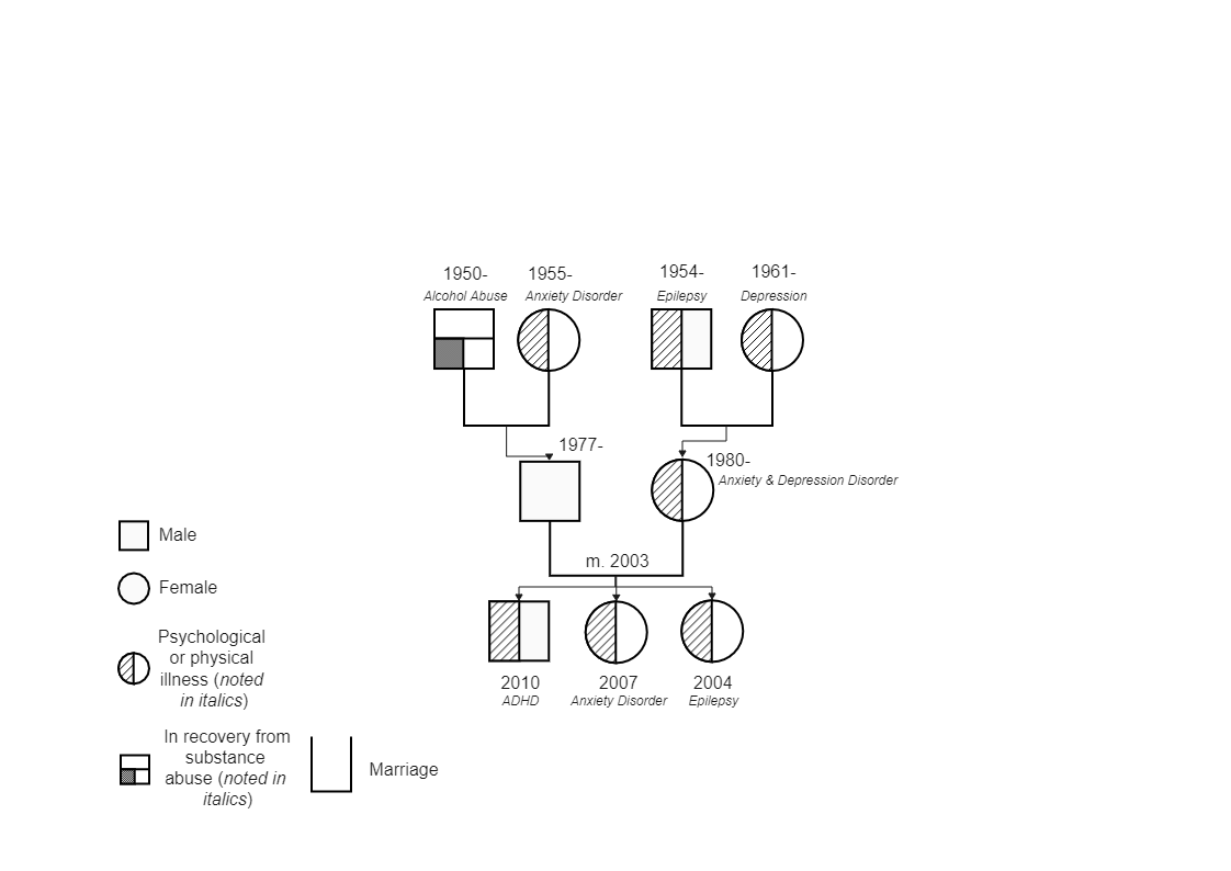 Above is a visual family mapping tool illustrating family relationships, which is a practical tool in social work practice, both in terms of assessment and intervention. The genogram is most commonly thought of in relation to practice with children, adole