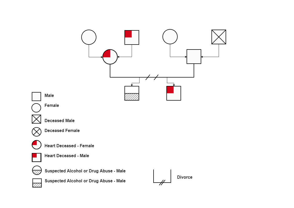 Here shows a  brief picture of Daniel's genogram map. A genogram is created with simple symbols representing the gender, with various lines to illustrate family relationships. Some genogram users also put circles around members who live in the same living