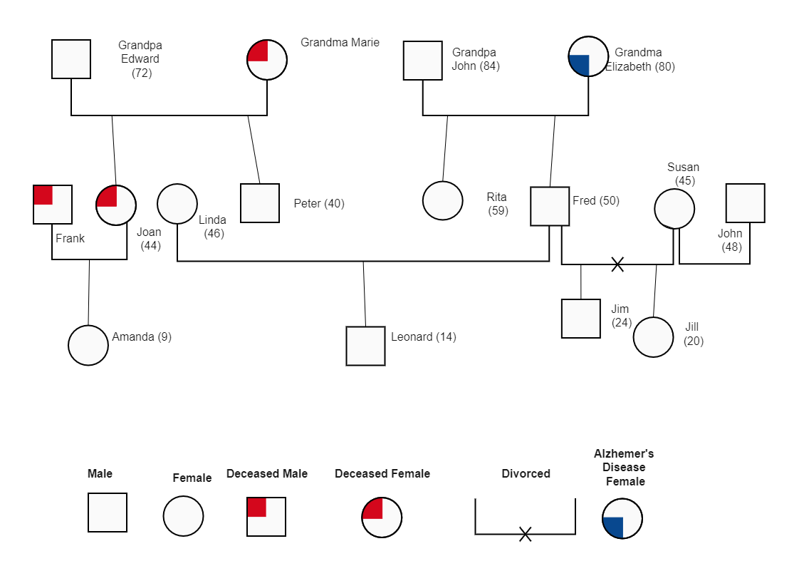 Here shows Jassica's Family Geongram tree map. A genogram is a visual mapping tool that illustrates a person's family tree, relationships, and history. It is more than the traditional family tree giving insights into the medical history and behaviors of a