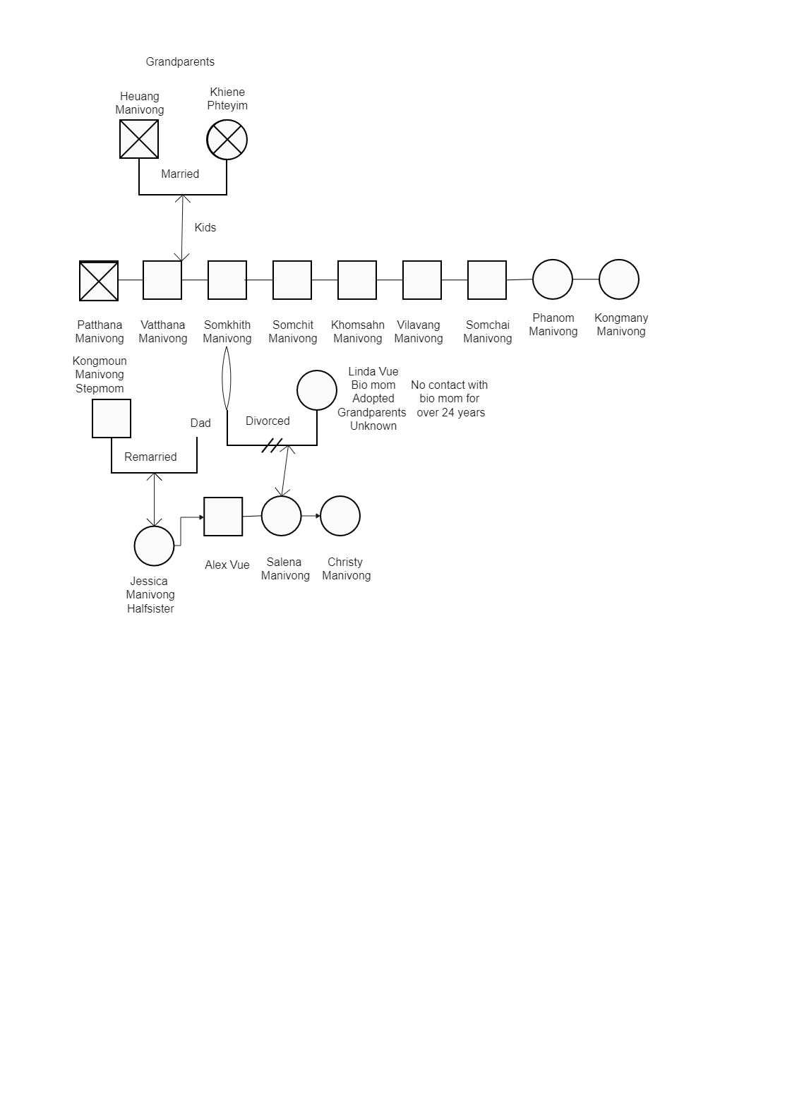 Here shows the Genogram treemap of Alex's family.  A genogram is a visual mapping tool that illustrates a person's family tree, relationships, and history. It is more than the traditional family tree giving insights into the medical history and behaviors