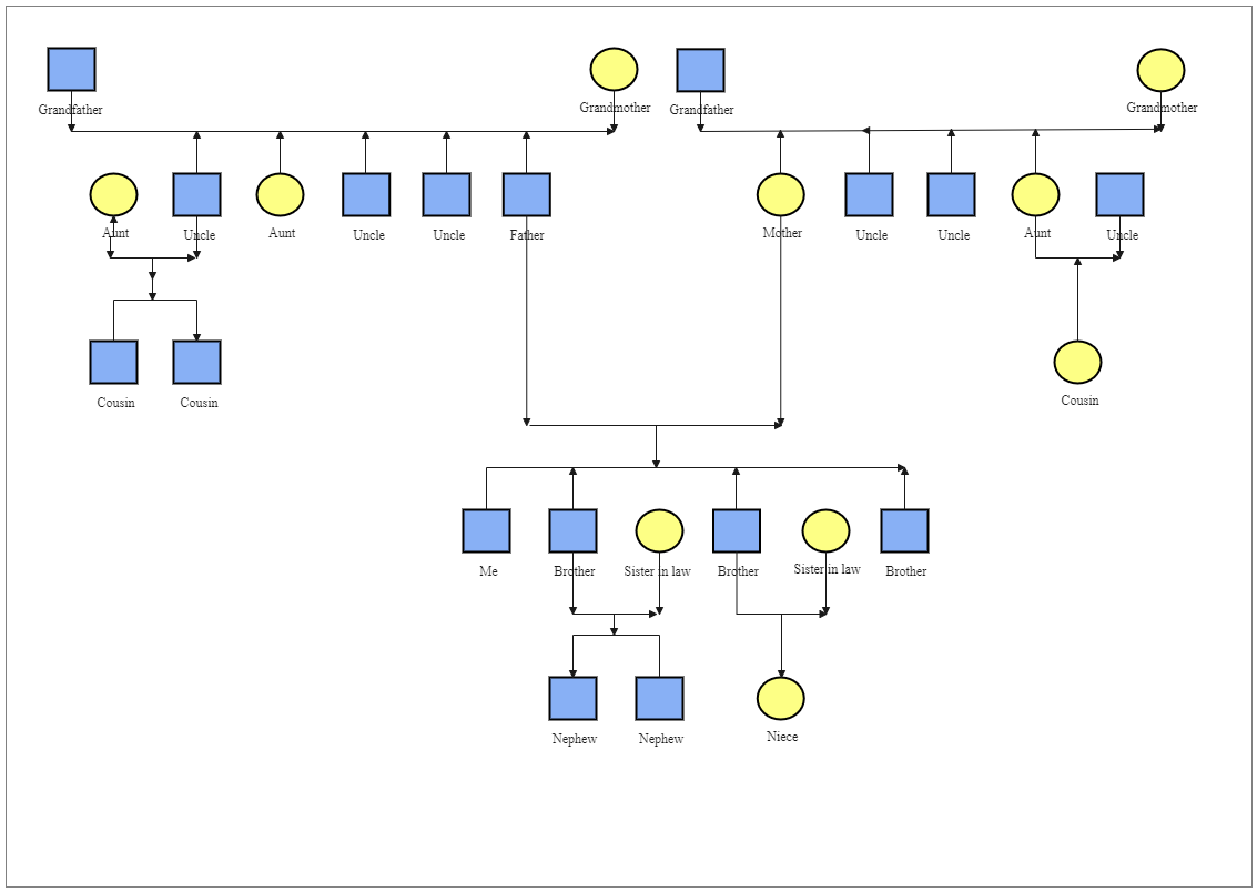 A diagrammatic representation of Oliveros Allan's family relationship is shown below. The health information about the families portrayed is contained in genograms. First, they comprise basic information common in family trees, such as each individual's n