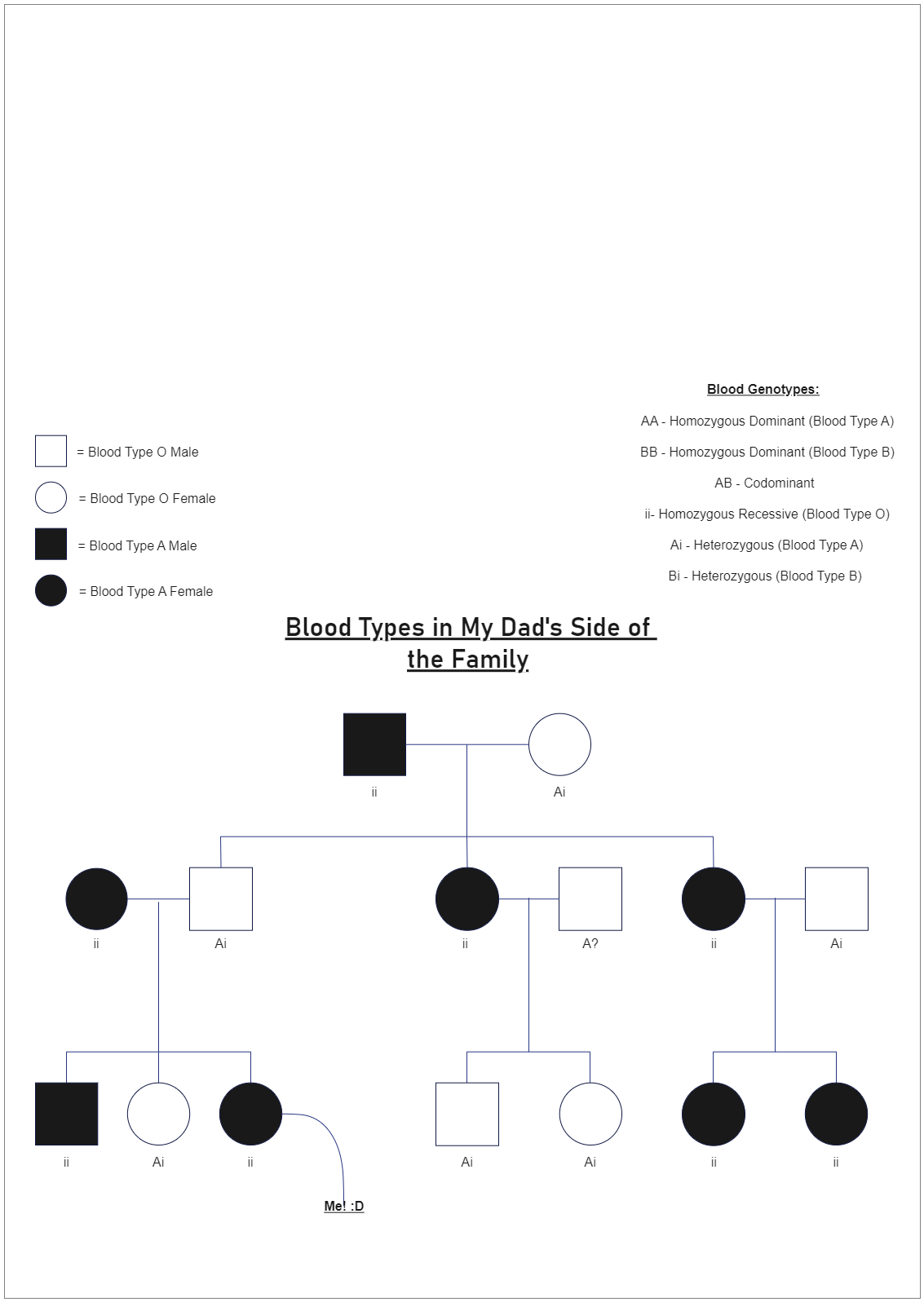 There are the blood Types in my father's side family genogram, which can help understand an individual's family relationships by visualizing patterns and psychological factors affecting them. A genogram is created with simple symbols representing the gend