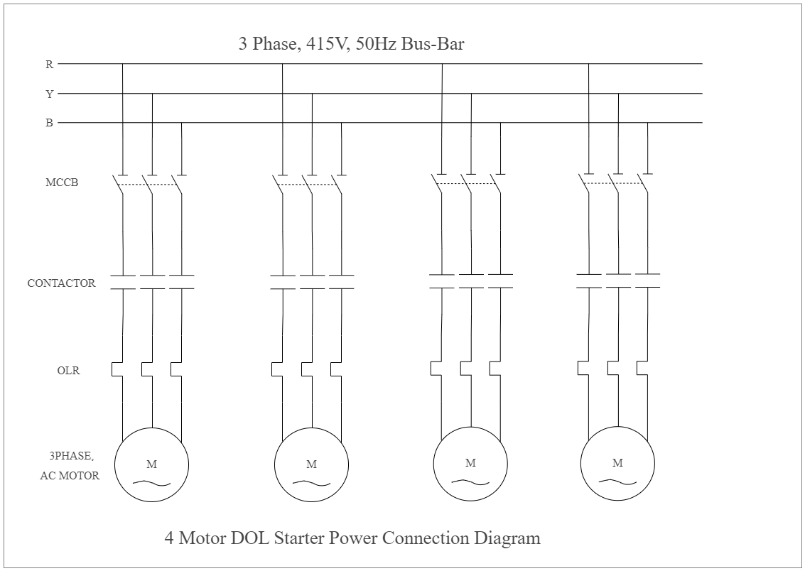 4 Motors DOL Starter Power Connection Diagram