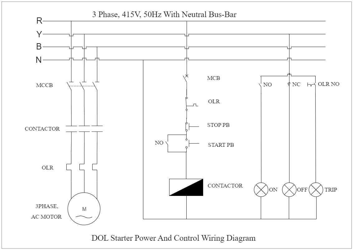 Direct Online Starter Control and Power Wiring Diagram