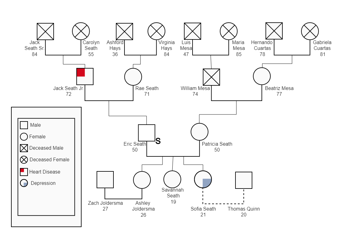 A genogram is a pictorial representation of a person's family tree, relationships, and background. It's more than just a typical family tree; it provides information on the family's medical history and habits for at least three generations. Genograms are 