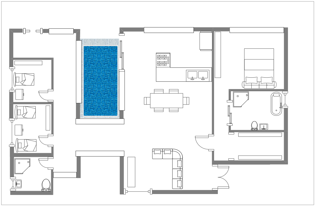 This diagram is a floor plant. This floor plan is divided into five major rooms. From left to right we have one double room with two beds, one single room with one bed and one bathroom in the bottom left corner and an exit on the top left corner. The pool