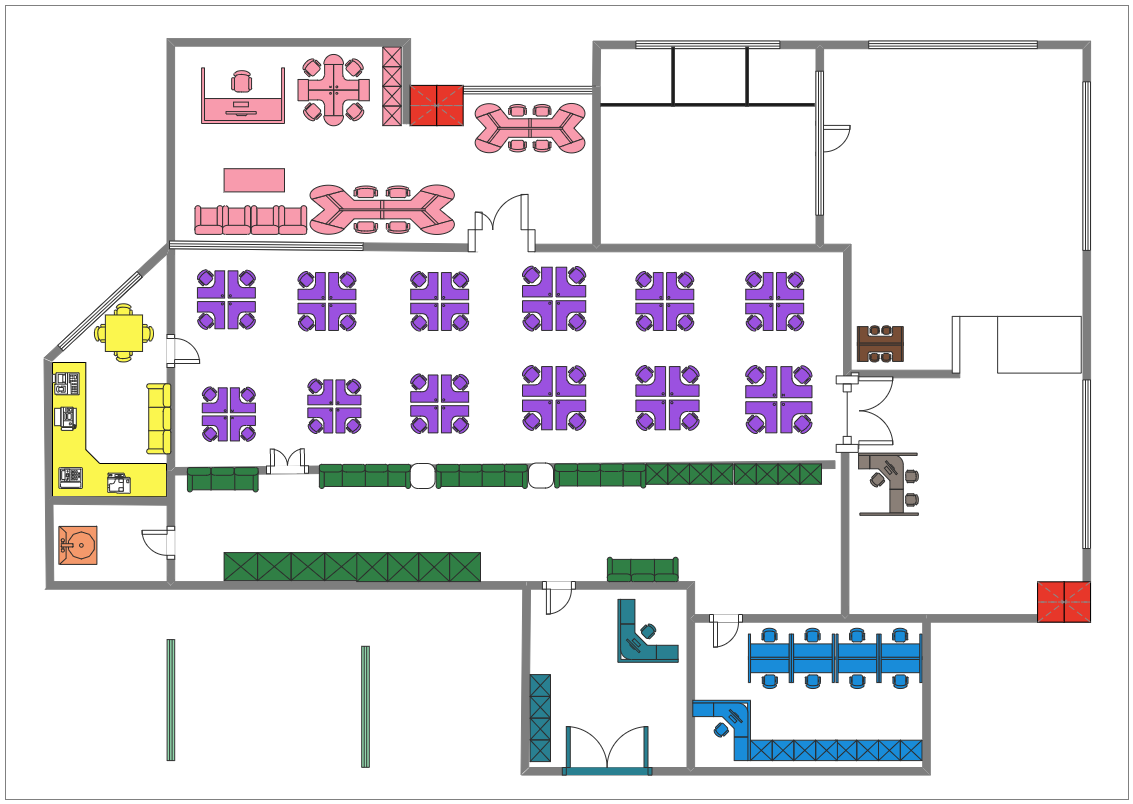 Here is a colorful floor plan for the office layout. Floor plans are one such tool that bond between physical features such as rooms, spaces, and entities like furniture in the form of a scale drawing. In short, it is an architectural depiction of a build