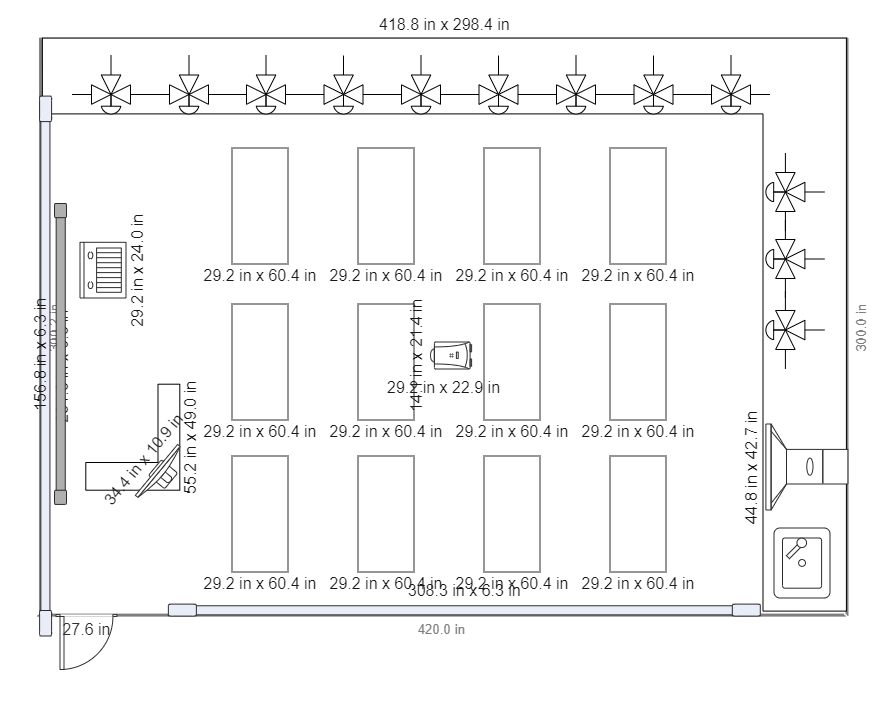 This is a floor plan for my classroom. A floor plan is defined as a scaled representation of a room or building as seen from above. The complete building, a single floor, or a single room may be shown on the floor plan. The measurements, equipment, and nu