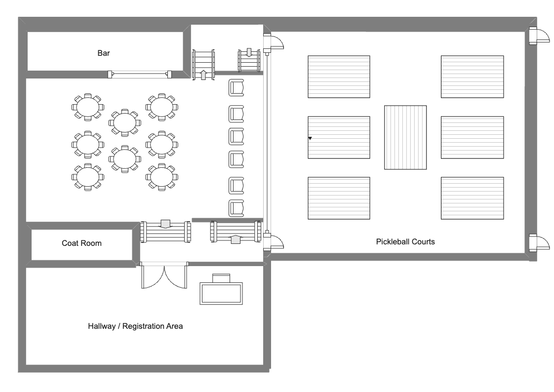 Floor Plan of Pickleball Courts and Viewing Area