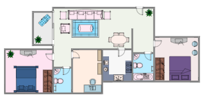 彩色双卧室房屋平面图