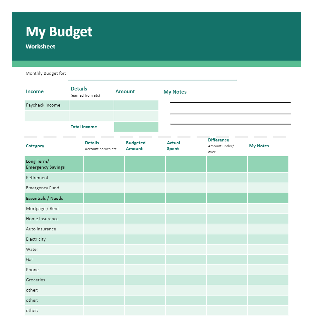 My Budget Worksheet