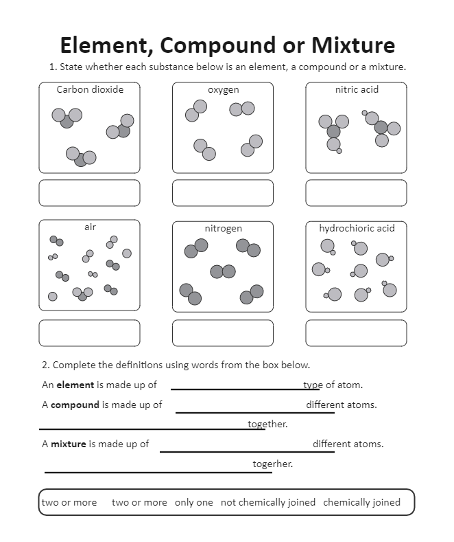 Elements Compounds or Mixtures worksheet