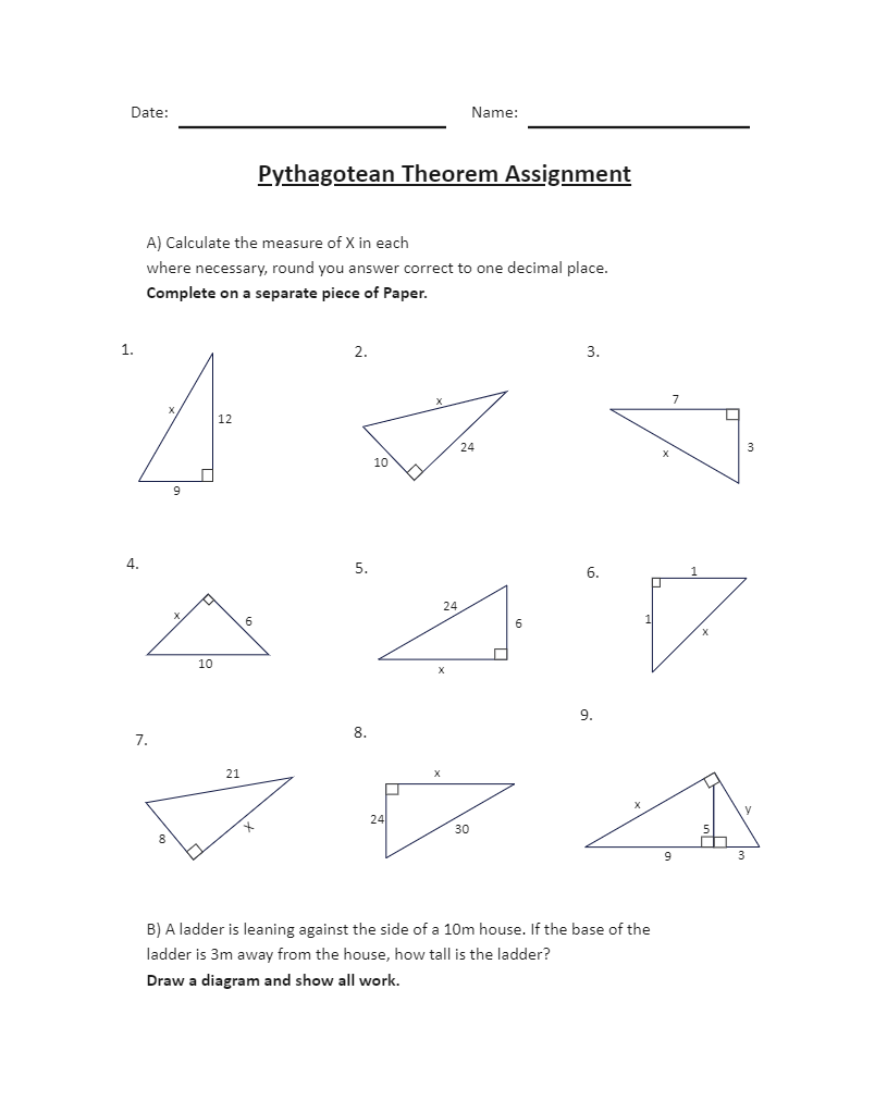 Pythagorean Theorem Worksheet Example