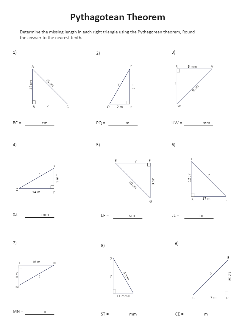 Pythagorean Theorem Worksheet