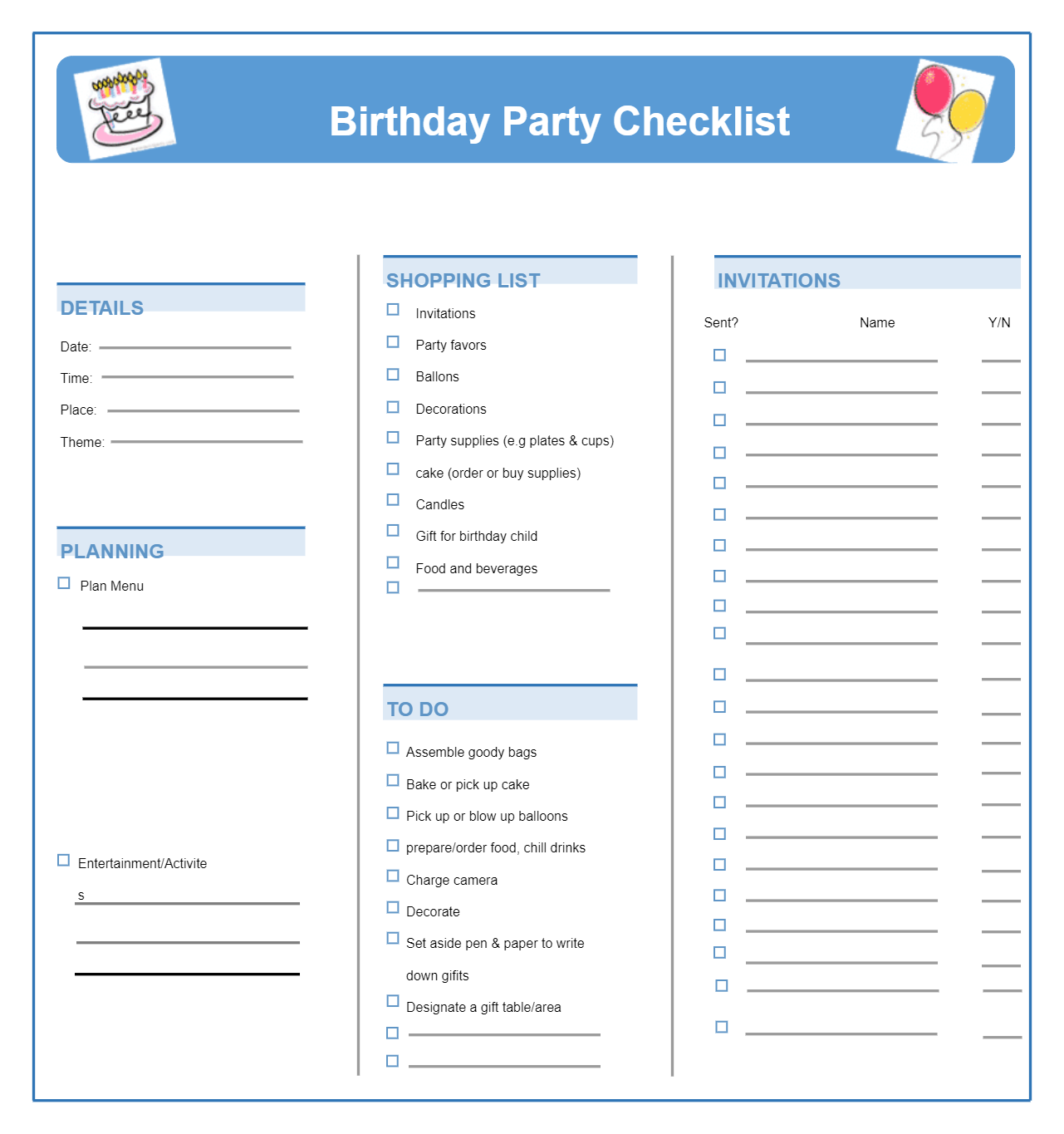 Birthday Party Checklist Example