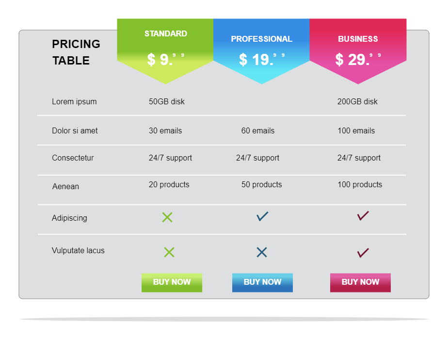 Pricing Comparison Table Template