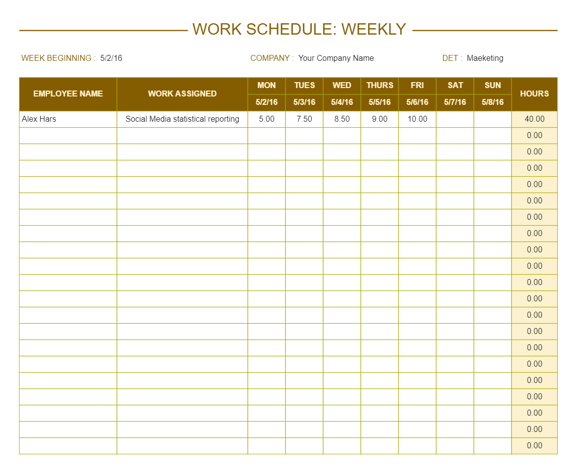 Weekly Work Plan Template Examples