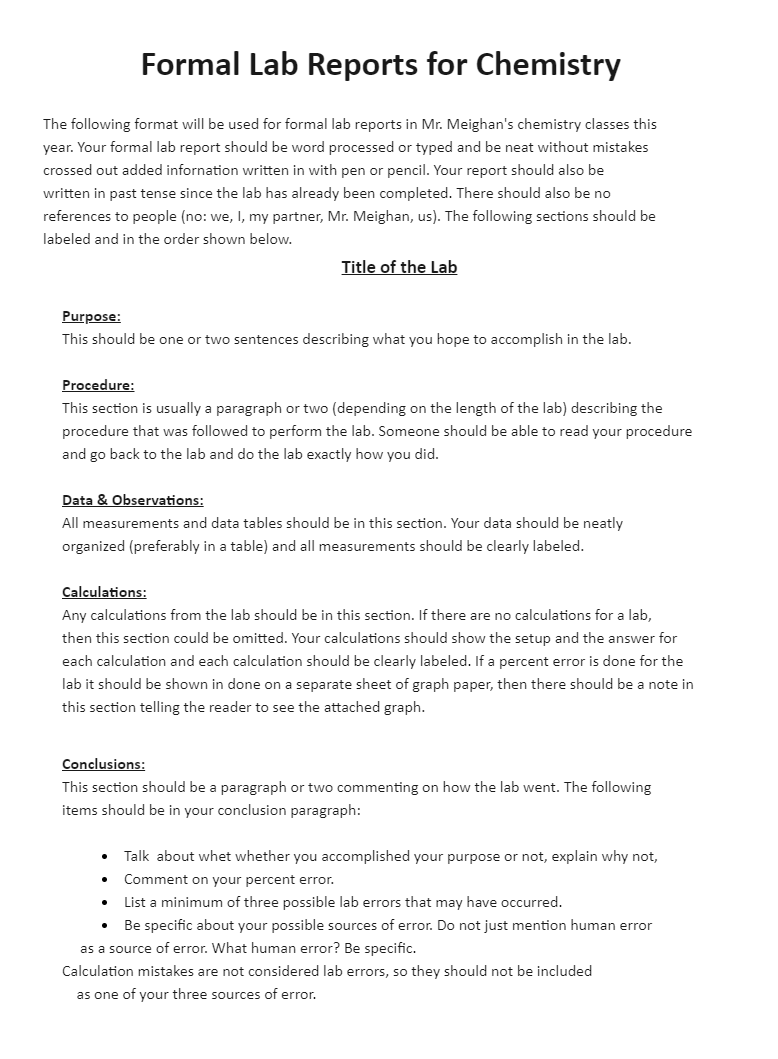 list the possible section of research report in chemistry