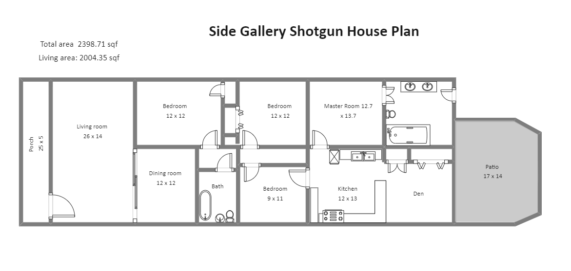 Side Gallery Shotgun House Plan