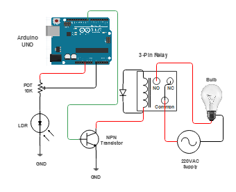 Automatic Light Switch using 3-Pin Relay Circuit with LDR and Arduino