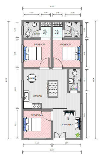 20x40 3 Bed House Plan