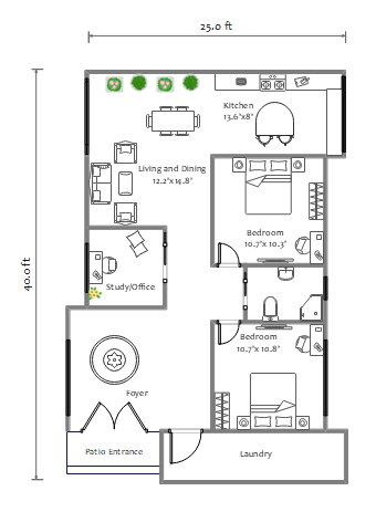 25x40 2 Bedroom Floor Plan