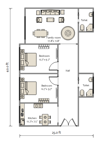25x40 2 Bedroom Floor Plan
