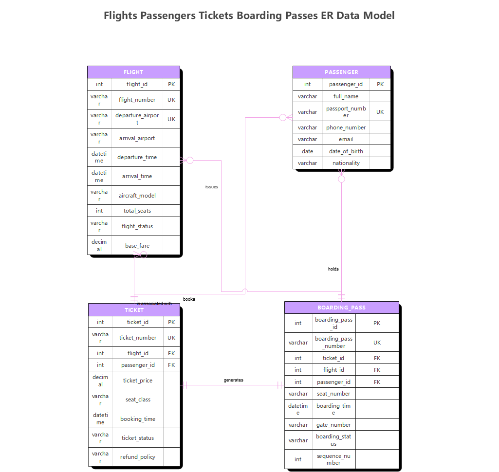 Flights Passengers Tickets Boarding Passes ER Data Model