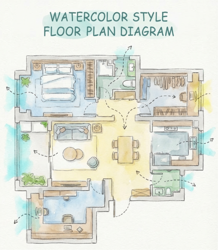 Watercolor Style Floor Plan Diagram