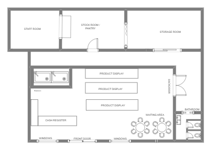 Retail Shop Floor Plan with Product Displays and Waiting Area