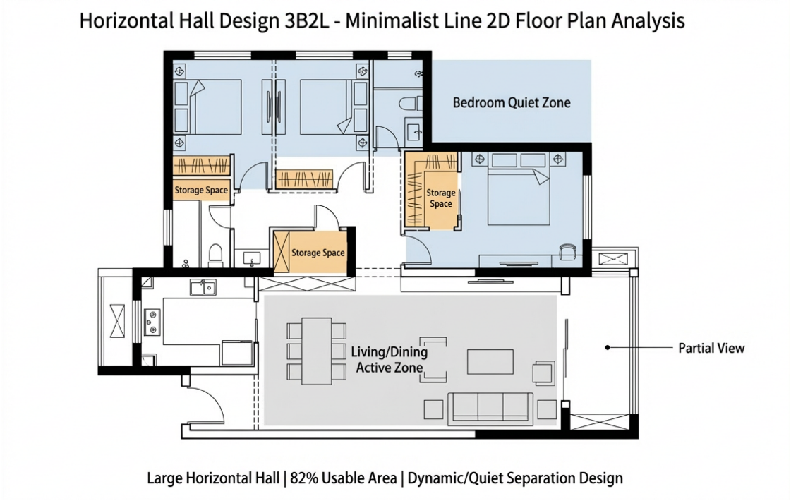 3B2L Horizontal Hall Minimalist 2D Floor Plan Analysis