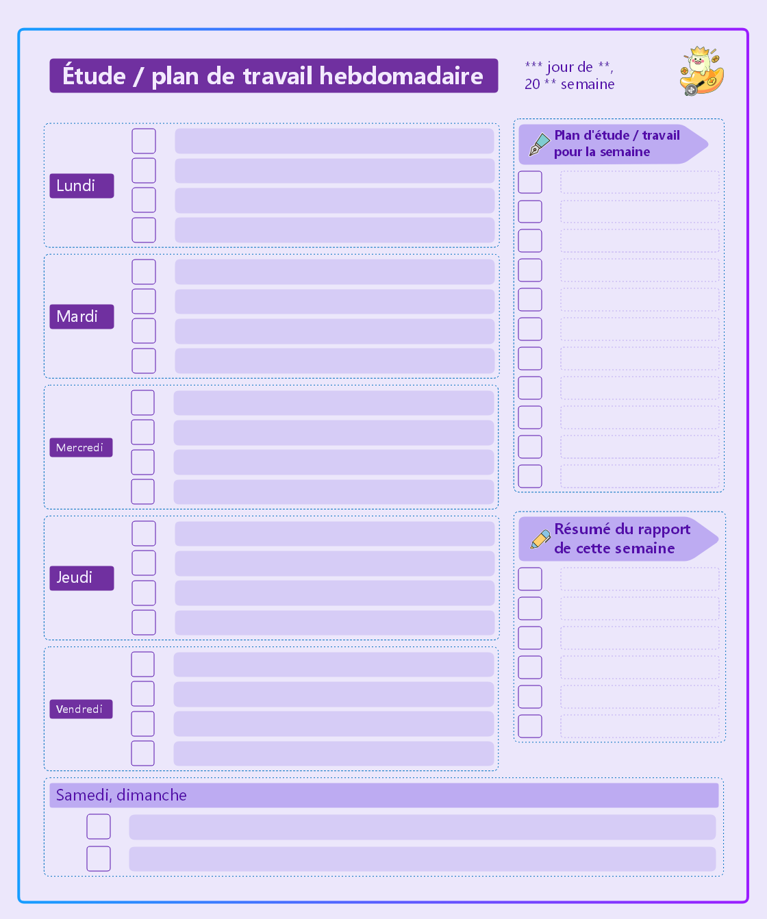 Plan de travail d'étude hebdomadaire