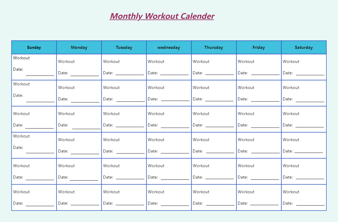 Workout Calendar Template