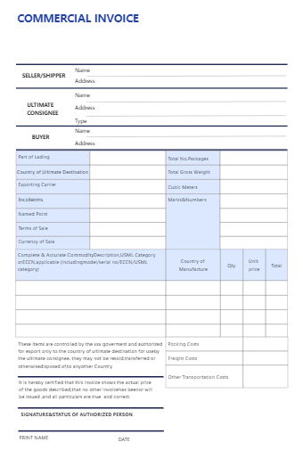 Template for Commercial Invoice