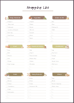 Categorized Shopping List Template