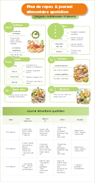Tableau Nutrition Complet Journal Alimentaire Quatre Groupes Nutriments Template Suivi Quotidien